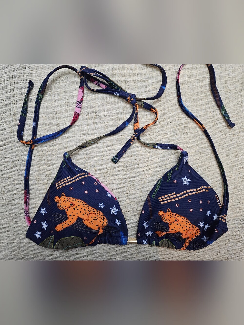 Navy Triangle Bikini Top with Orange Leopard Print